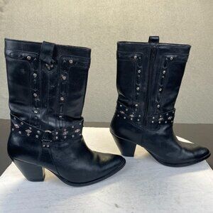 Women's 7.5 M Dingo Black Studs Faux Leather High Heel Biker Style Boots 12379